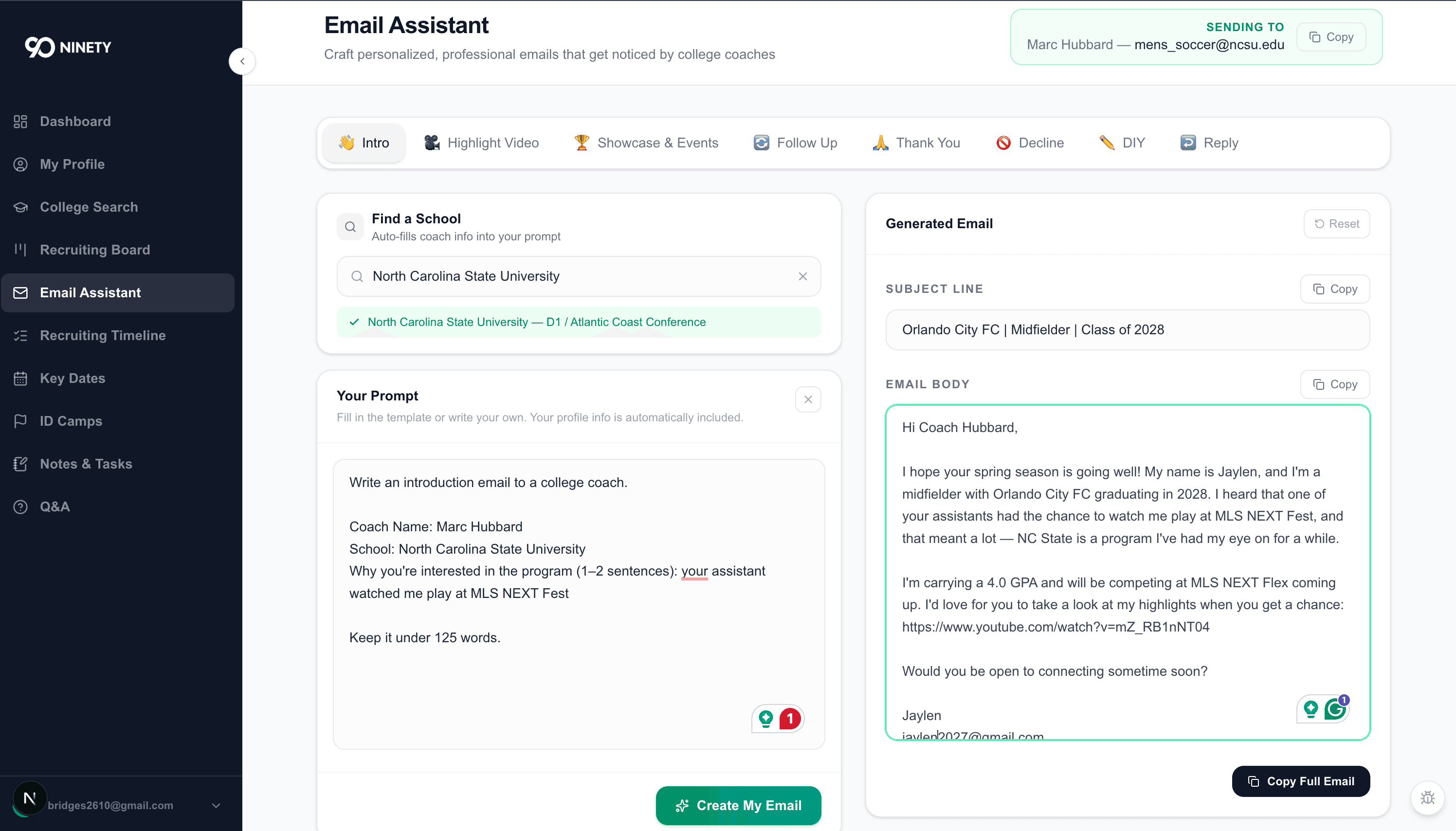The AI Email Assistant drafting a personalized coach email
