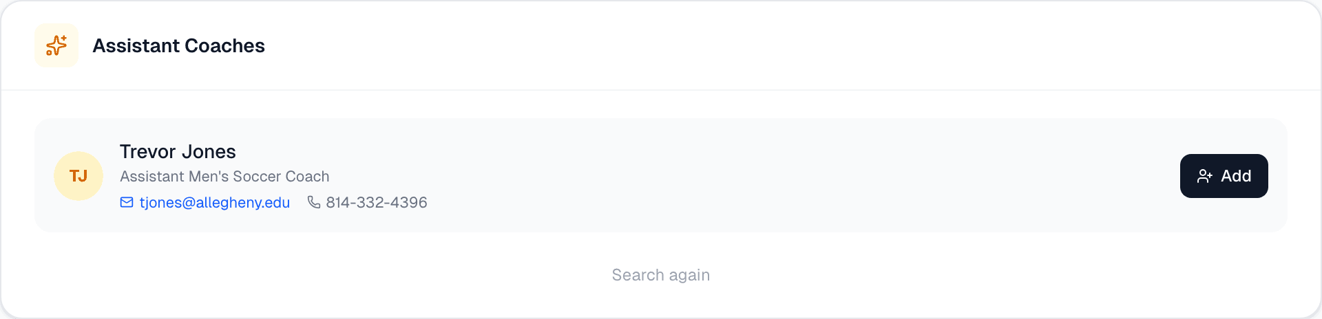 Assistant Coach Finder showing current coaching staff